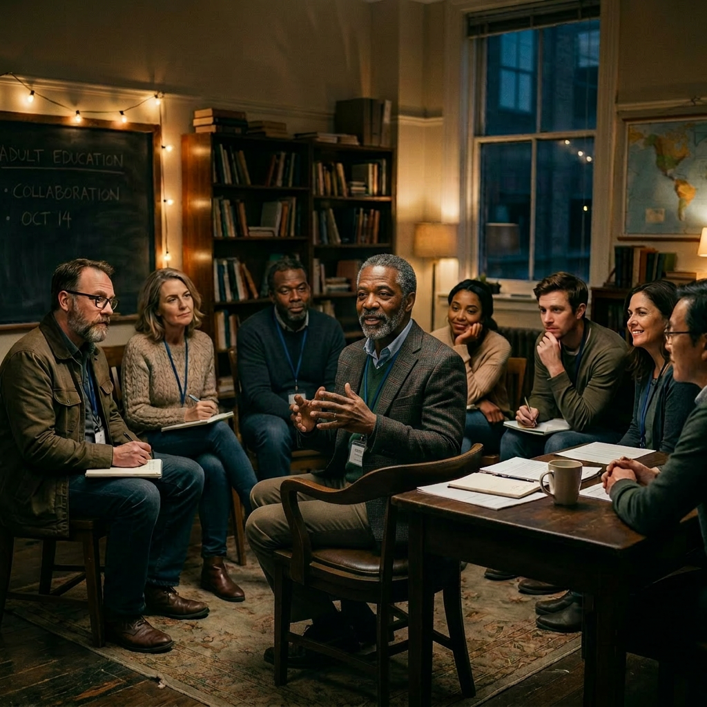Adults sitting in a circle engaged in a group discussion during an adult education class